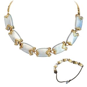 Vintage Pastel Blue Plastic Rectangles Seated in Ornate Gold Tone Metal Necklace